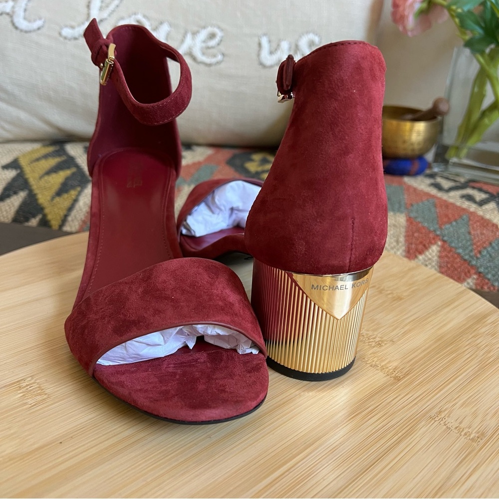 Michael Kors Burgundy Suede Ankle Strap Gold Block Heels US7